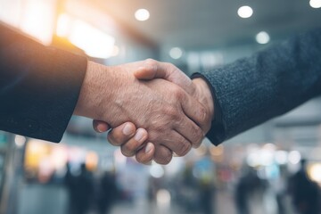 Business professionals engage in a handshake during a meeting in a modern office setting, symbolizing collaboration and agreement in the workplace environment
