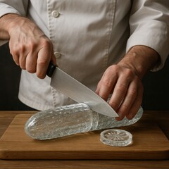 Chef Slices Glass Cucumber on Wooden Board in Studio Kitchen