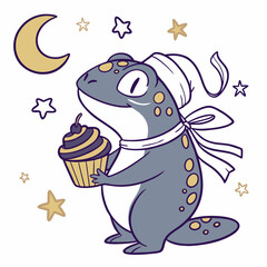 Creative SVG: Bashful Amphibean with holding a cupcake in a Magical Night colored Starry night theme