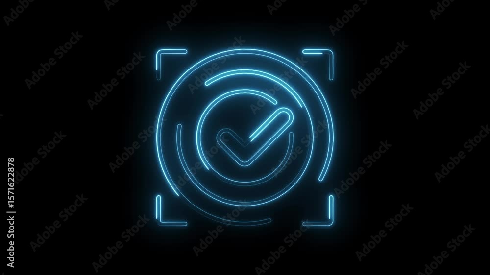 Aufkleber glowing neon checkmark animation with circular elements on a dark black background