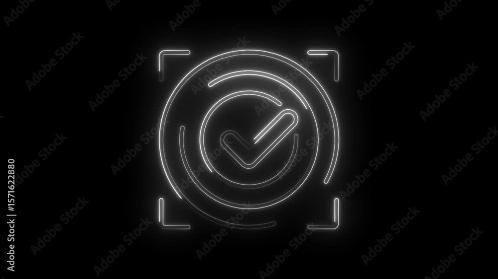 Poster neon check mark animation on black background glowing verification symbol futuristic design