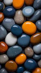 Smooth, glossy stones; abstract background; blue, orange, and beige tones; minimalist, modern design; calming, serene mood.