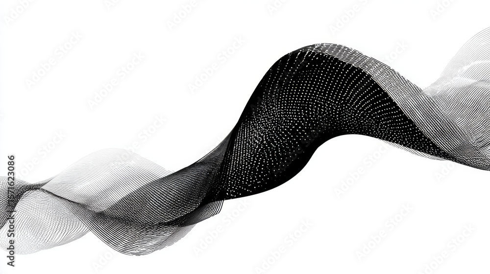 Poster flowing dots particles wave pattern 3d curve halftone black gradient curve shape isolated on white b