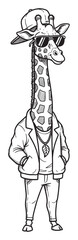 Detailed Black and White Illustration of a Cool Giraffe Wearing Modern Streetwear
