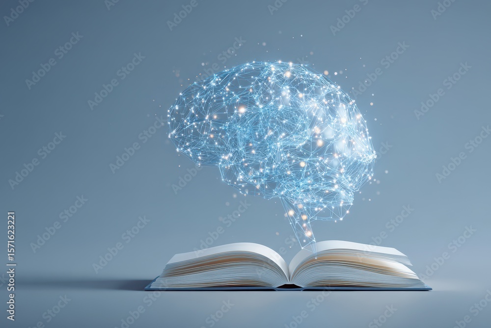 Poster virtual brain emerges from open book depicting the connection between knowledge and cognitive proces