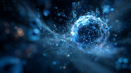 Abstract Science Cell Scientific Medical Research Background. Blue 3D Sphere Backdrop Particles Effect. Futuristic Chemistry Physics Microbiology Concept. Tech BG Vector Illustration.