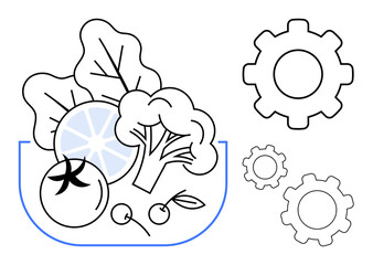 Fresh vegetables, including tomato, broccoli, lemon, lettuce, and cherries, placed alongside gears. Ideal for nutrition, health innovation organic farming sustainability balance wellness