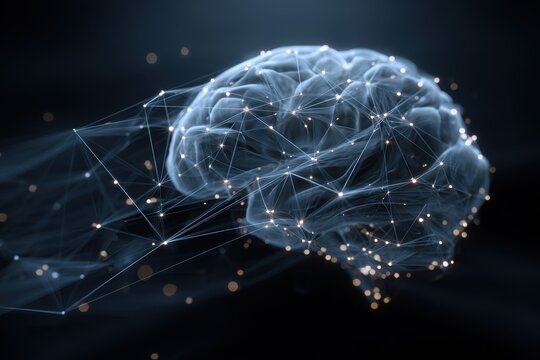 Artificial intelligence brain network visualization representing neural connections and data processing in a digital environment