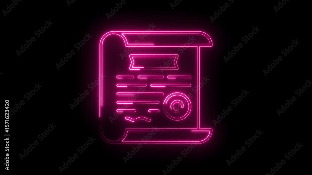 Poster animated neon style scroll document glowing pink isolated on black background