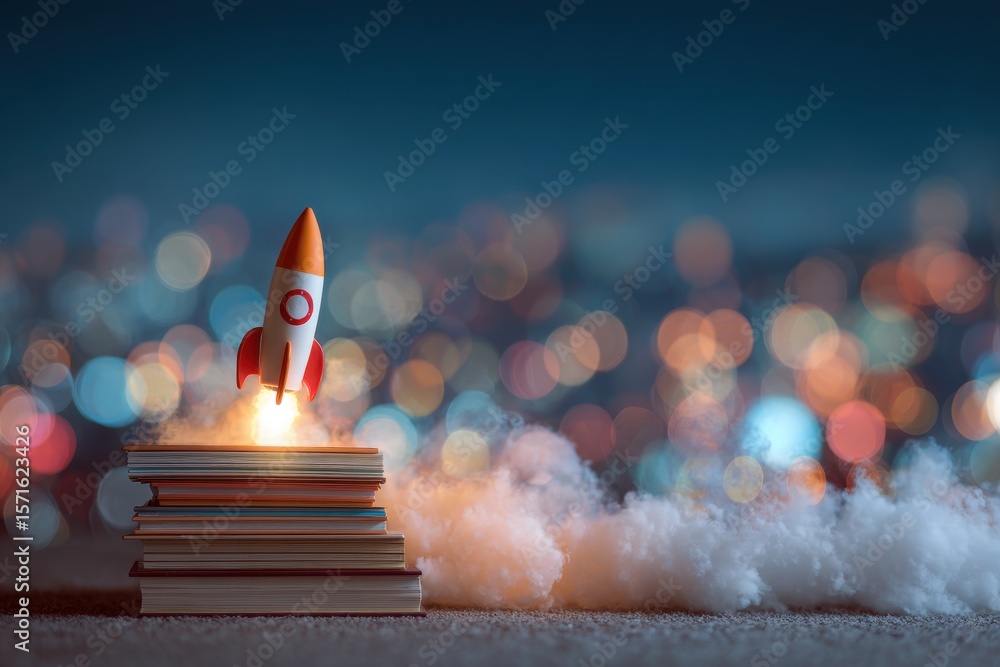 Aufkleber abstract illustration of a rocket launching from a stack of books with vibrant bokeh background duri