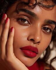 Beautiful woman with bold red lipstick and a natural beauty look