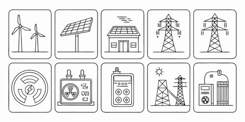Line art icon set representing electricity generation transmission and distribution