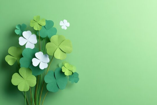 Celebrate modern St Patricks Day with a vibrant green banner featuring decorative paper shamrocks and bright hues, perfect for adding festive charm to any event or gathering - Powered by Adobe