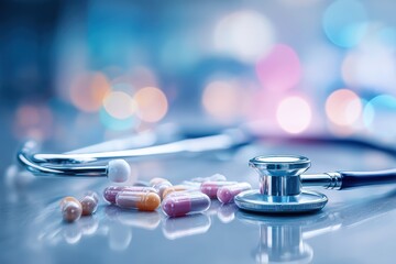 Medical equipment and prescription medications arranged on a surface in a healthcare facility, showcasing the importance of stethoscopes and pills in patient care