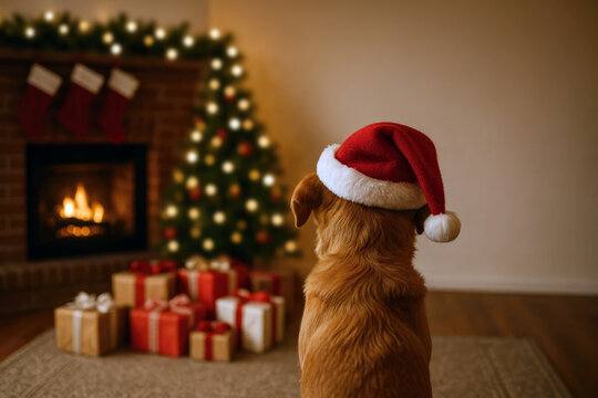 Golden retriever wearing Santa hat by fireplace and Christmas tree image - Powered by Adobe