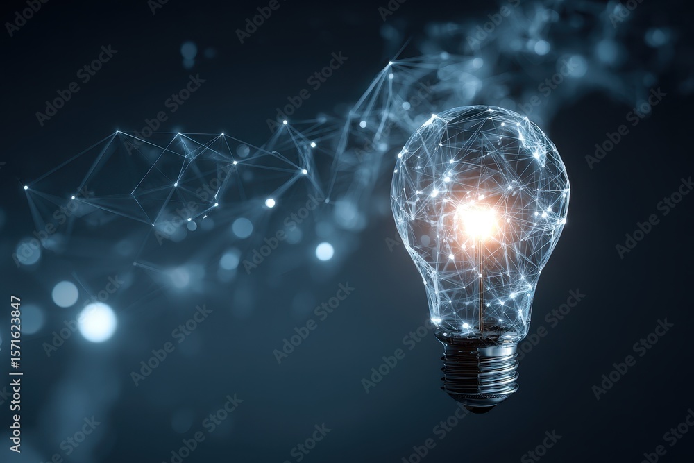 Poster bright light bulb shining with futuristic technology designs and digital patterns in an innovative a