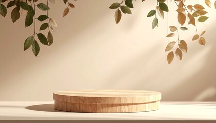 Wooden circle stage with hanging leaves and beige backdrop wooden stage circular platform