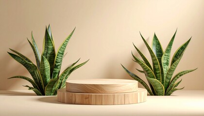 Wood pedestal with snake plants and beige background green leaves indoor plants
