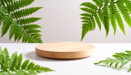 Wooden circle with green fern leaves natural organic