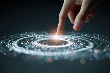 Hand touches a spinning data flow representing a dynamic and interactive visualization of information in a digital realm