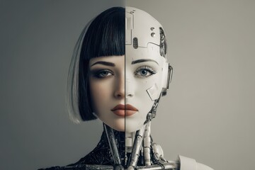 Human woman and AI robot display contrast in appearance, showcasing advancements in technology and human-like design