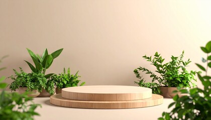 Wooden circular platforms surrounded by lush green plants wooden platforms circular stage