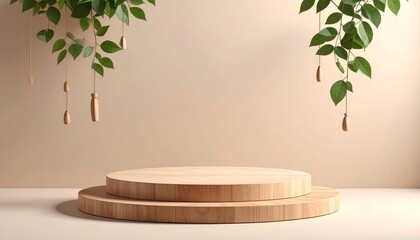 Wooden circular display podium with hanging botanical accents stage