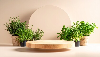 Wooden circle stage with potted herbs against beige wall wooden stage circular platform