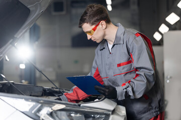 Portrait worker auto mechanic inspecting car engine with clipboard in garage
