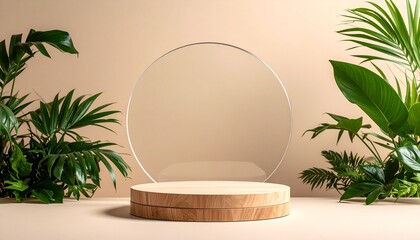 Wooden circular stage with lush green plants and clear backdrop podium