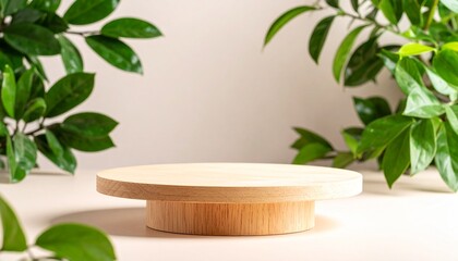 Wooden platform surrounded by green leaves natural wood plants