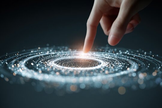 Hand touches a spinning data flow representing a dynamic and interactive visualization of information in a digital realm