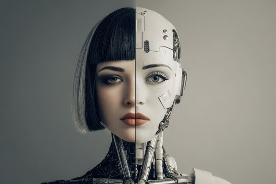Human woman and AI robot display contrast in appearance, showcasing advancements in technology and human-like design - Powered by Adobe