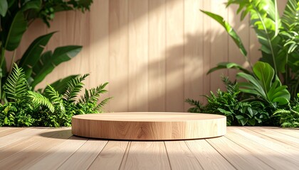 Wooden podium surrounded by lush green foliage green plants tropical leaves