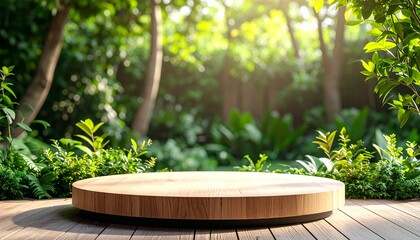 Wooden podium surrounded by lush green garden plants circular platform greenery