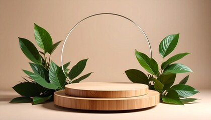 Wooden podium with green foliage and circular frame display stage