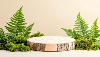 Wooden podium with ferns and moss natural green ferns