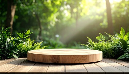 Wooden podium surrounded by lush green foliage in sunlit forest circular platform