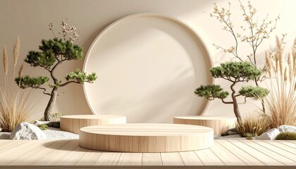 Wooden podiums with bonsai trees and pampas grass display stage