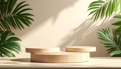 Wooden podiums with tropical foliage shadows display stands tropical leaves