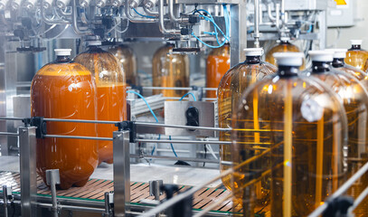 Automated beer bottling in plastic kegs, modern brewery with large equipment and containers