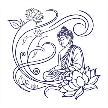 seated buddha lotus flowers line art clip art preview