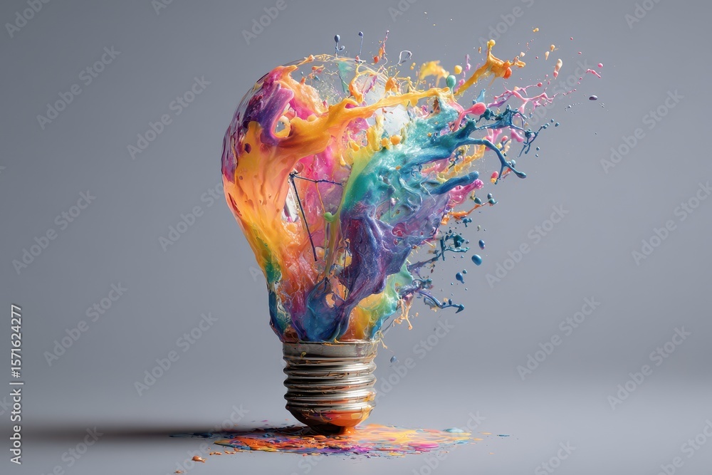 Poster creative light bulb explodes with vibrant colors in a high-energy artistic display capturing imagina