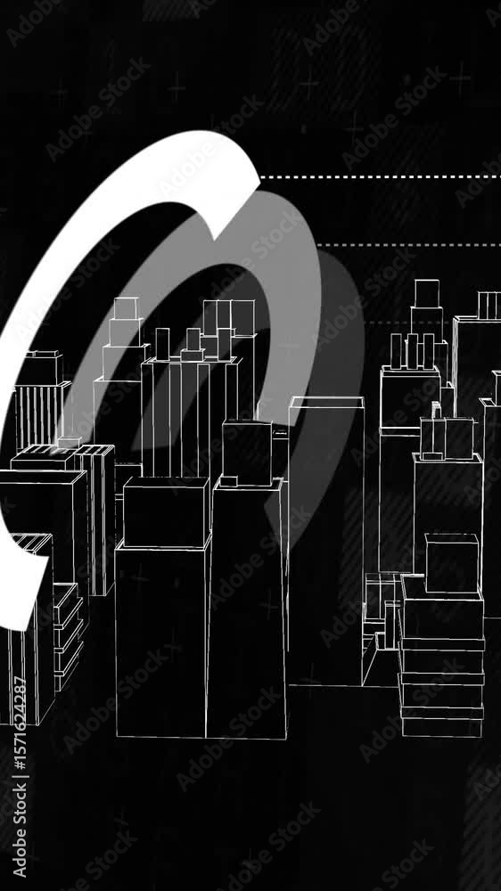 Poster animation of scope scanning over cityscape on black background