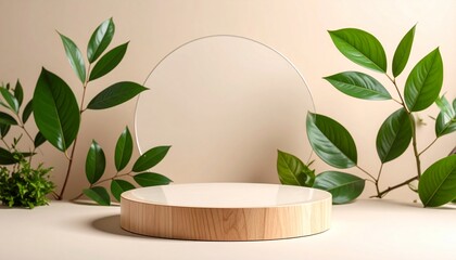 Wooden stage with green leaves and circular frame natural organic