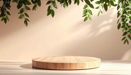 Wooden stage with hanging green leaves and beige backdrop round platform hanging foliage