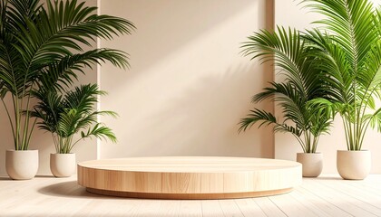 Wooden stage with indoor palms and beige walls round platform indoor plants
