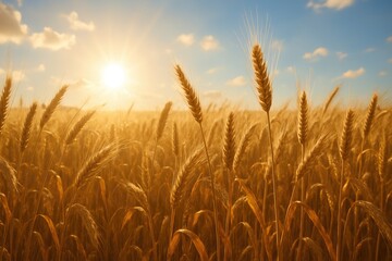 Golden wheat field under bright sun and blue sky yellow stalks
