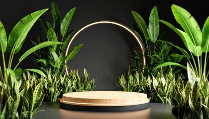Wooden stage with tropical plants and glowing ring green
