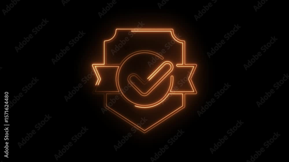 Poster glowing neon check mark symbol on a shield with ribbon,confirmation animation